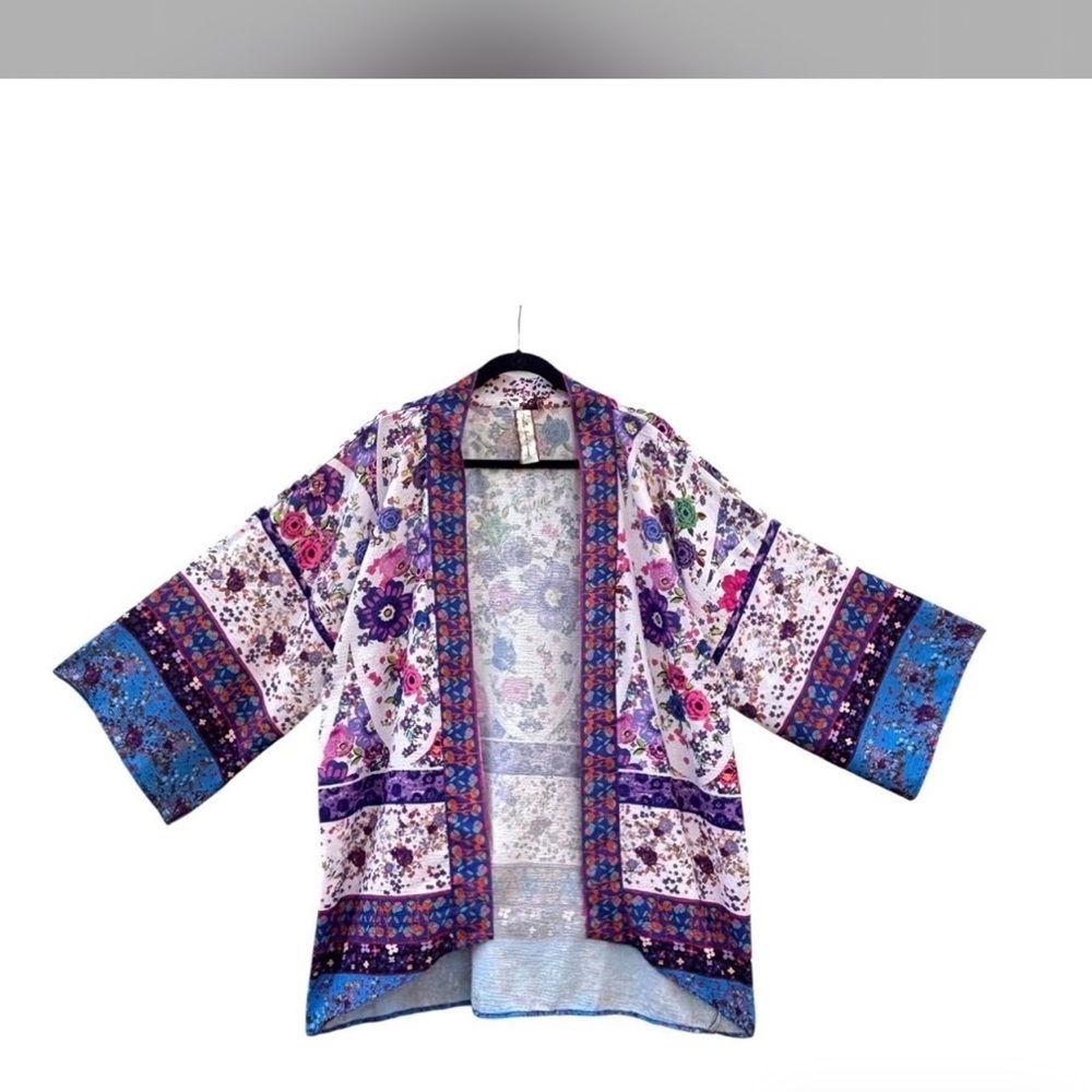 Aratta Silent Journey Floral Open-Front Kimono Jacket - Purple and Blue